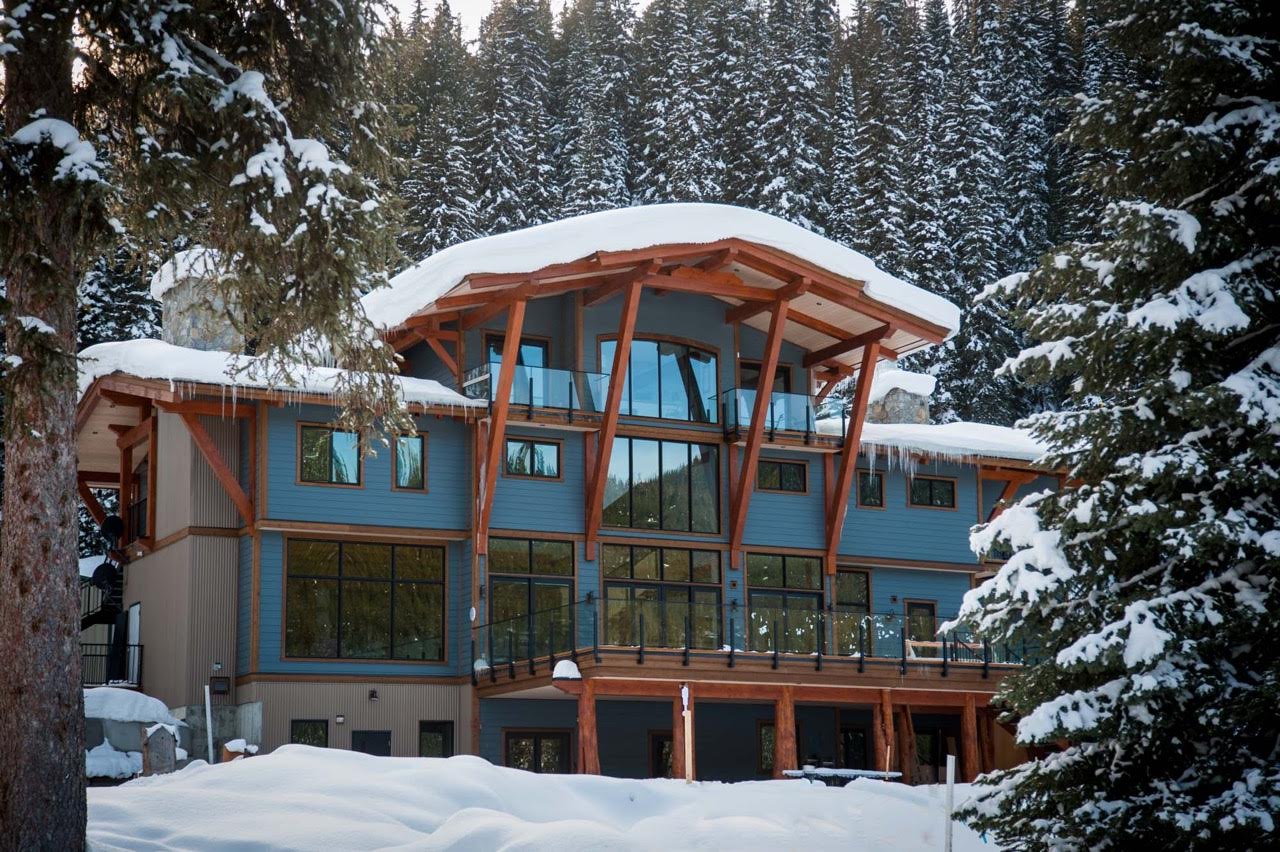 facade of ski lodge in wintertime in the morning