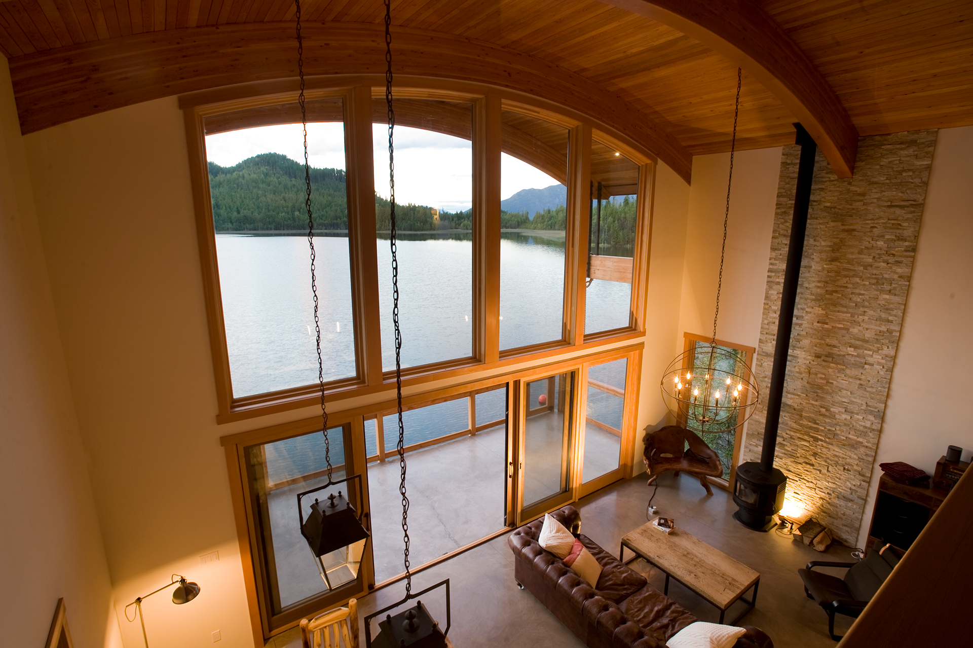 high ceiling of a contemporary home with curved roof