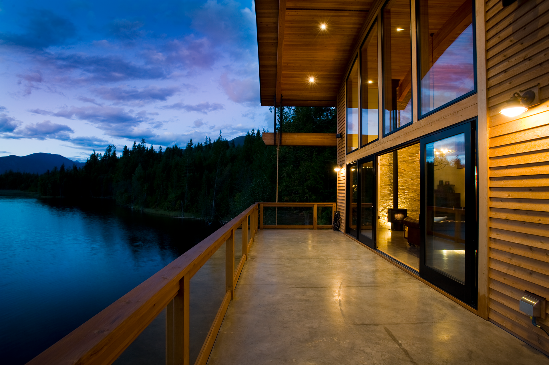 large balcony at a contemporary house with lake view