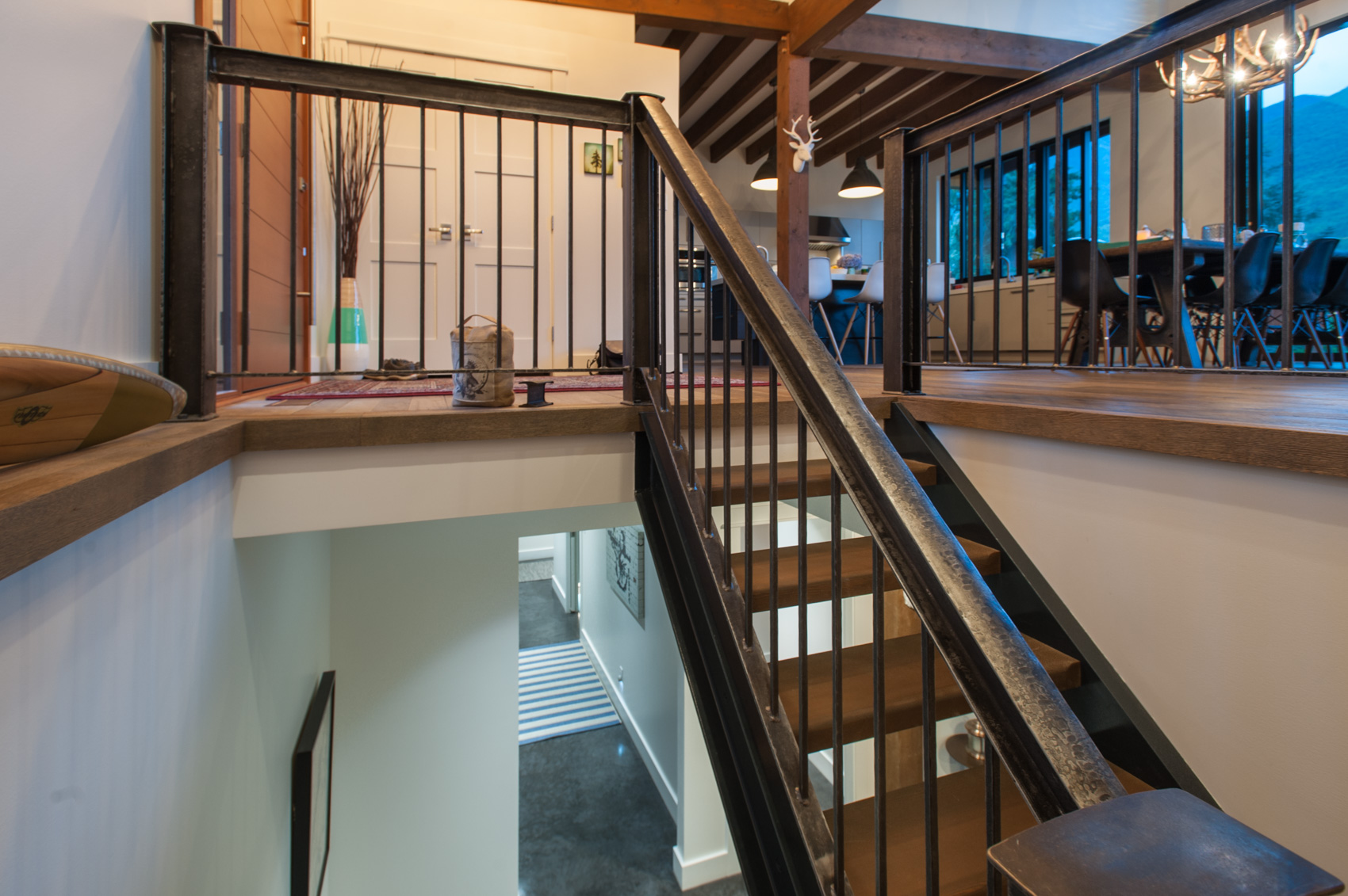 stairs of a beach house going to the dining area