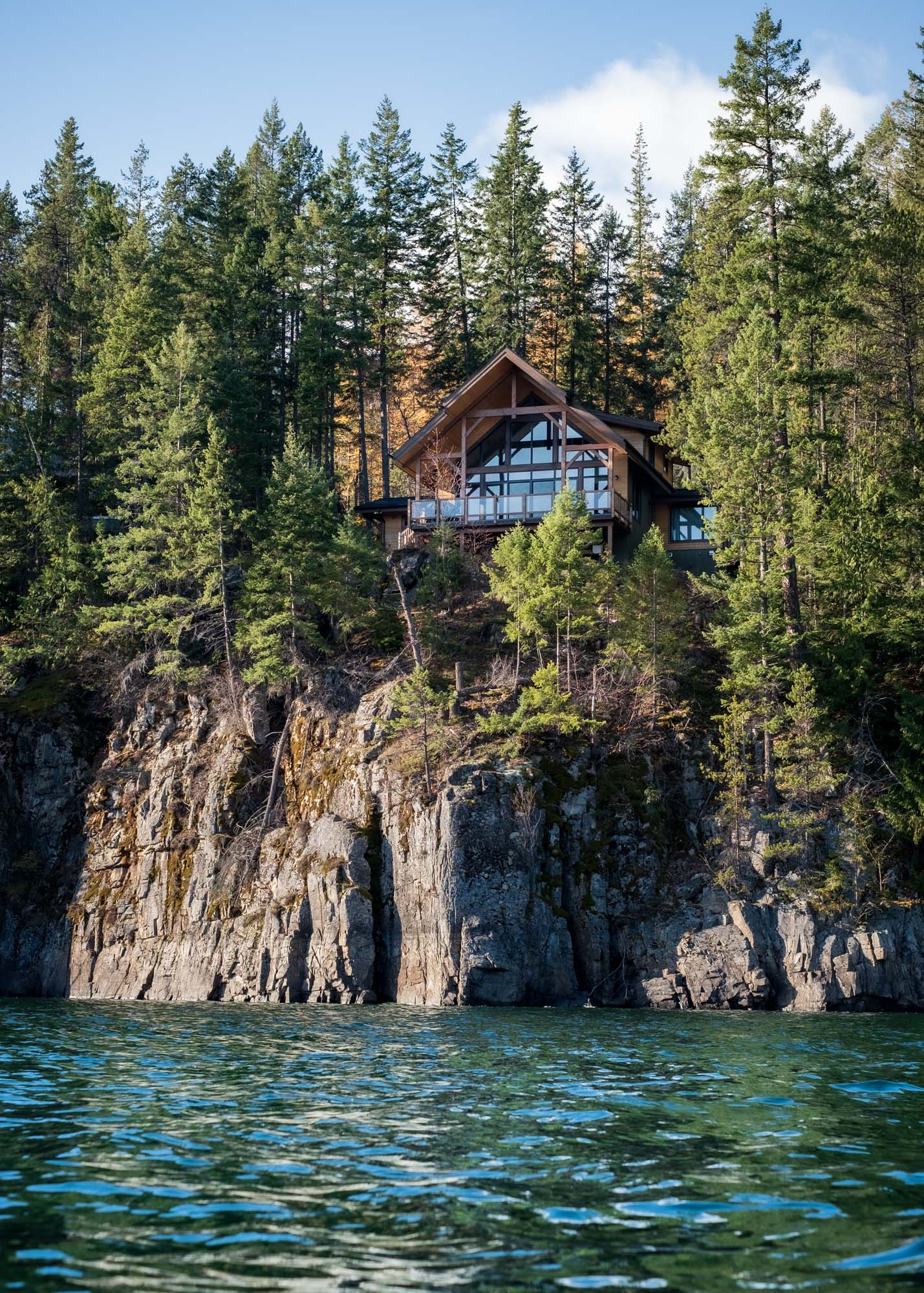 modern house standing on a cliff surrounded by tall trees