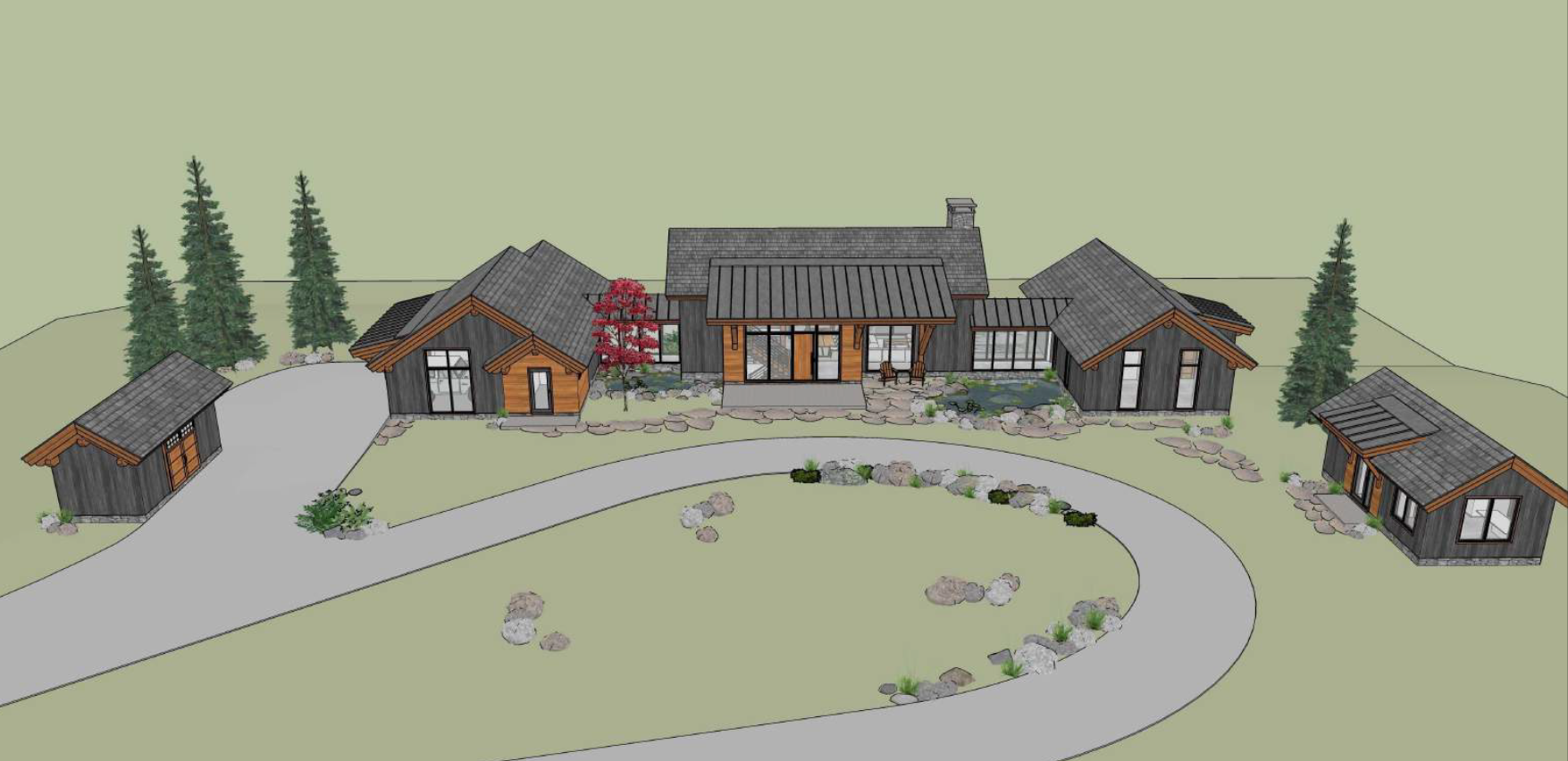 exterior design of the whole Montana house with extensive stone accents