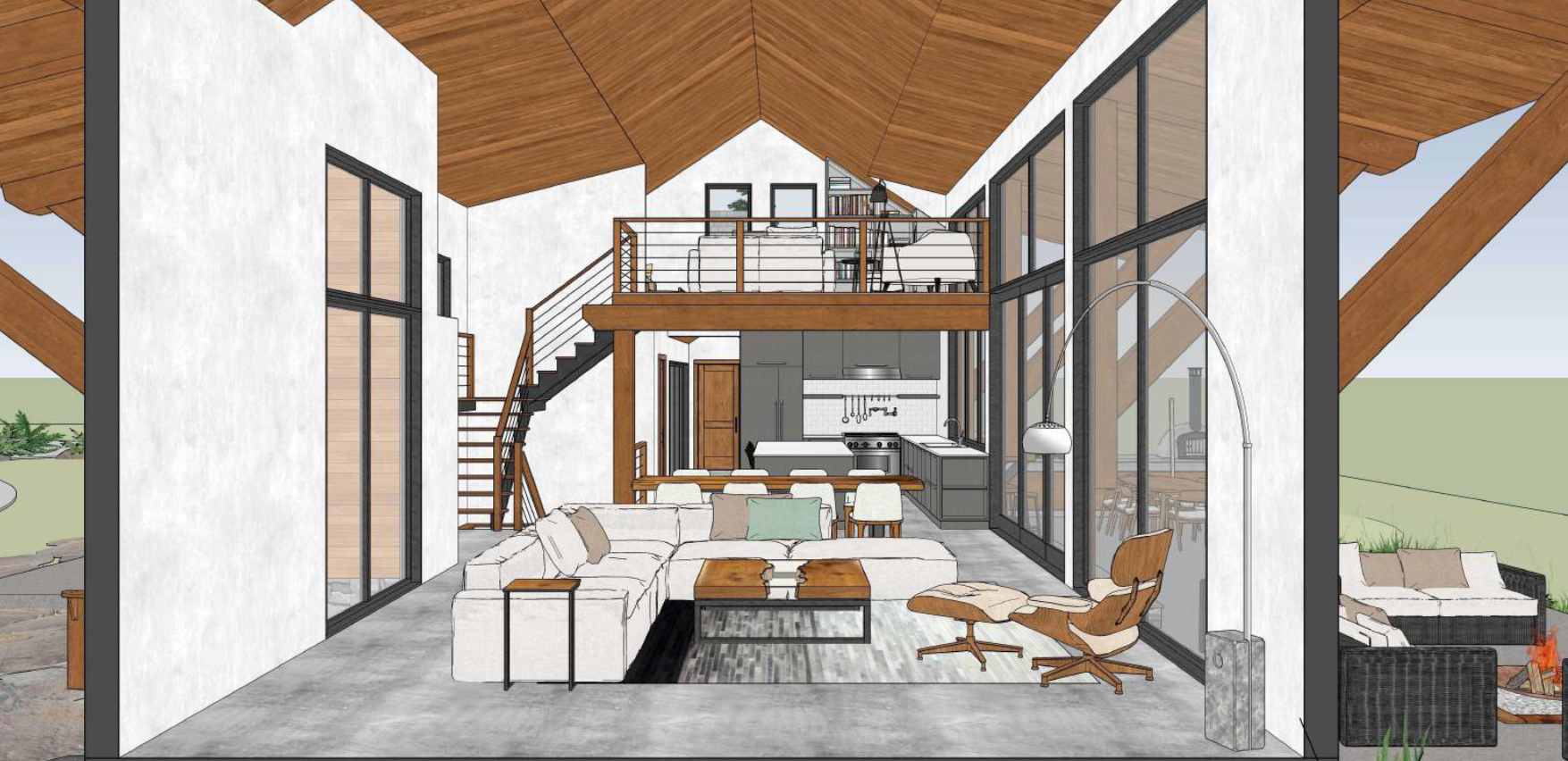 design of the kitchen, dining, living area with a view of the loft on the second floor