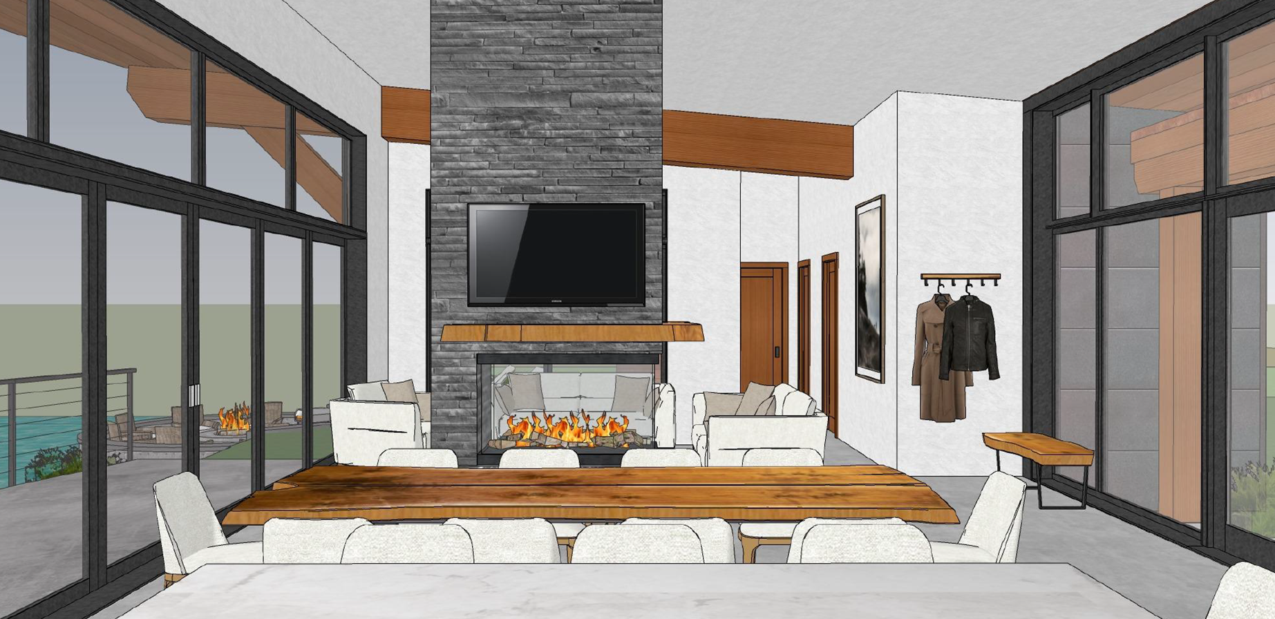 design of dining and living area with fireplace for a Rocky Mountain house