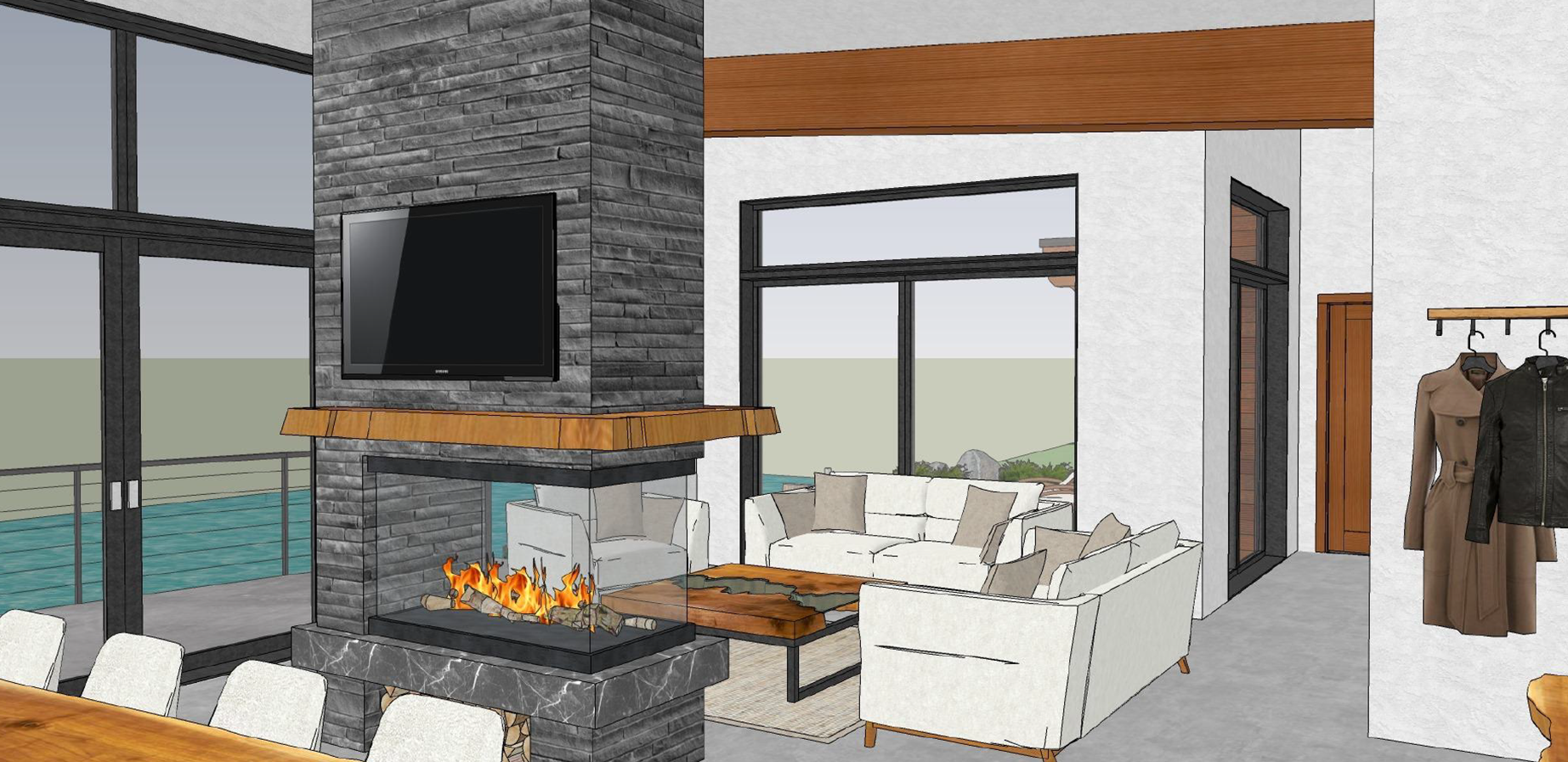 design of a stoned fireplace dividing the living area and dining