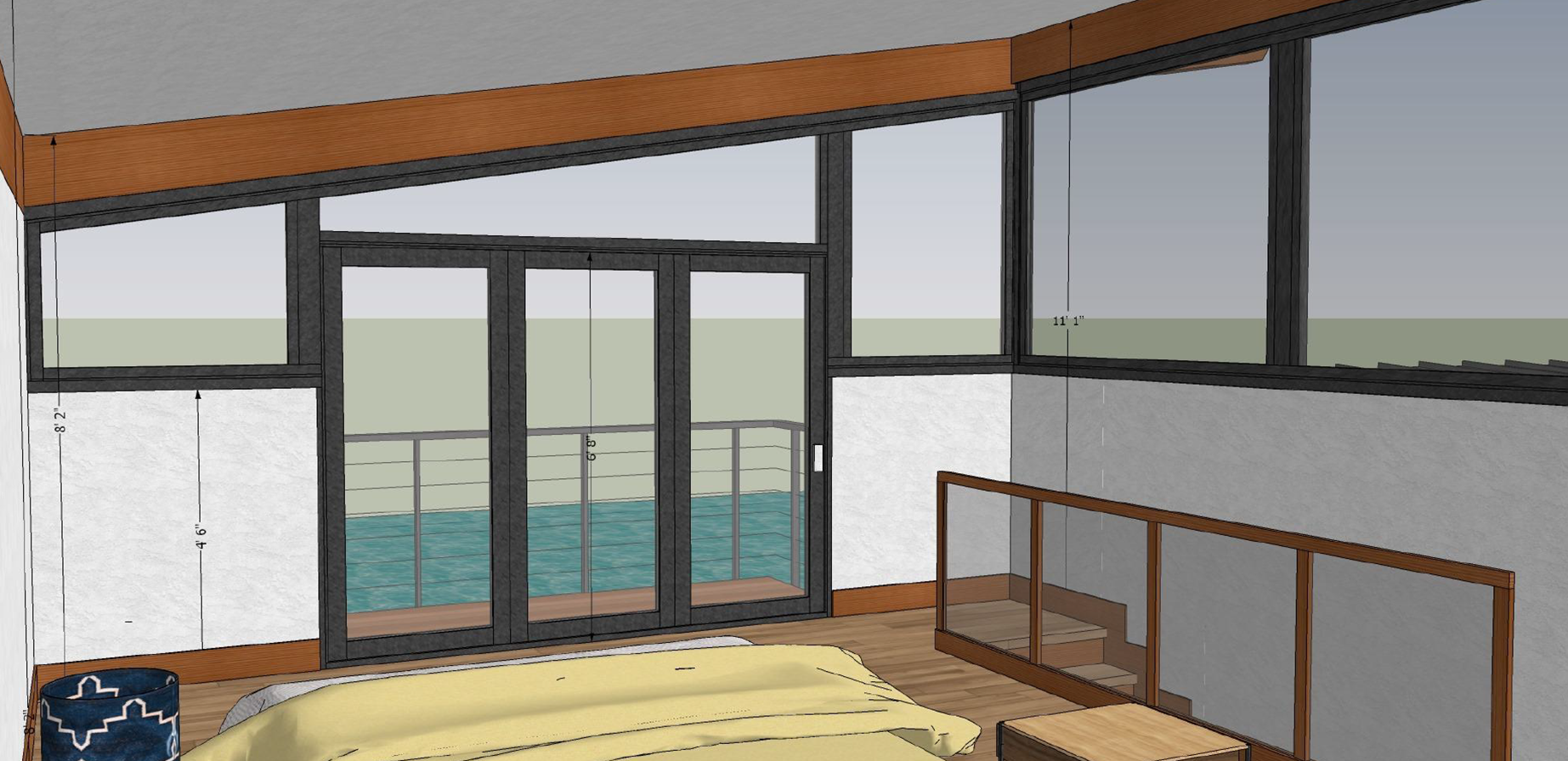 design of a bedroom with sliding doors going to the deck