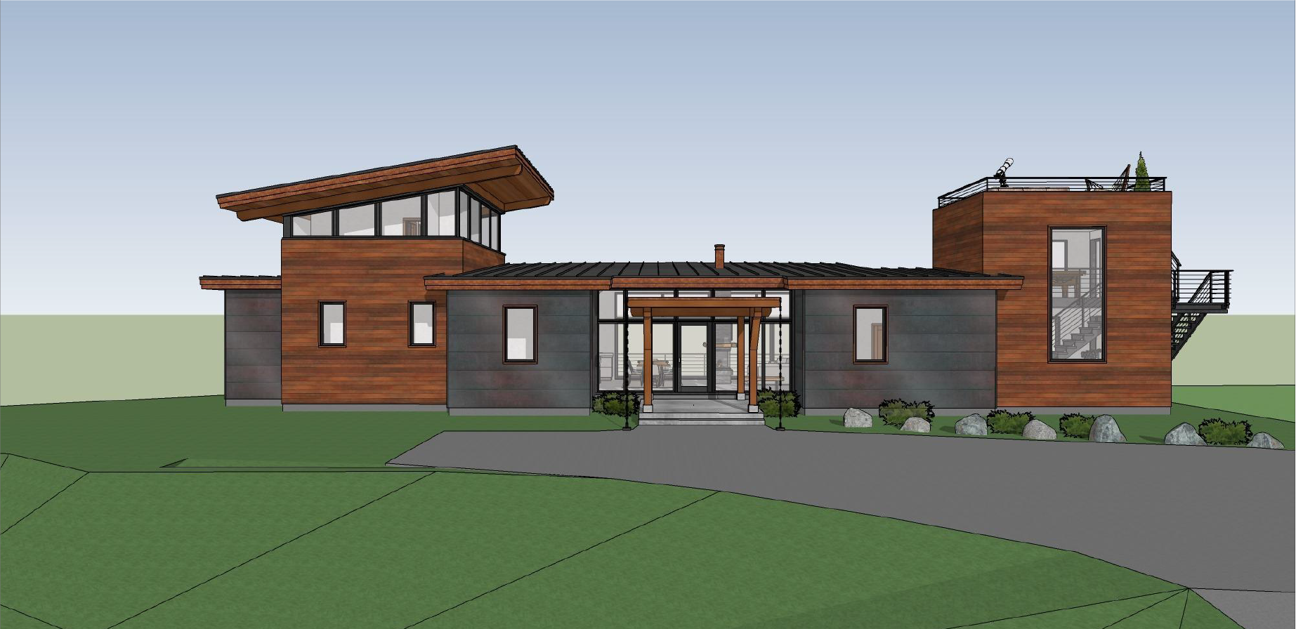 exterior design of the facede of a Rocky Mountain modern house