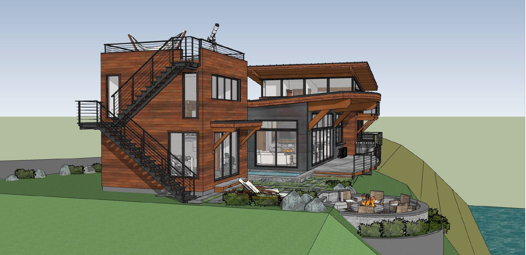 exterior design of the fire pit beside the rooftop access stairs