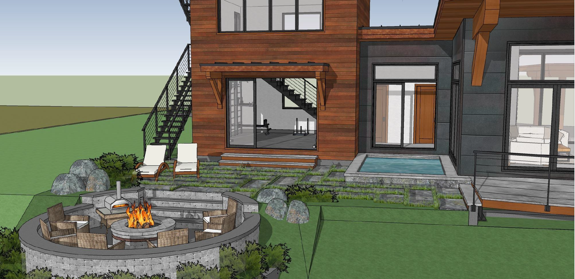 exterior design of the fire pit near the pool of a modern house