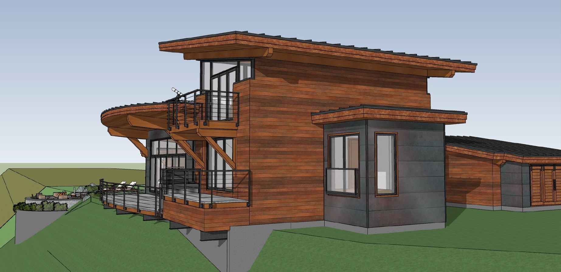 exterior design of the back corner of a Rocky Mountain modern house