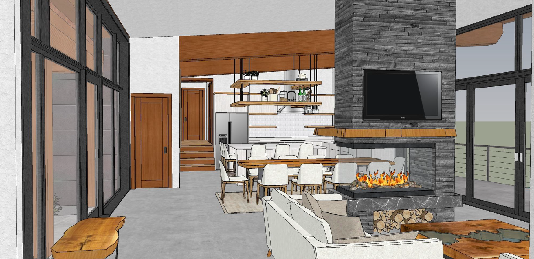 design of a stoned fireplace dividing the living area and dining and kitchen