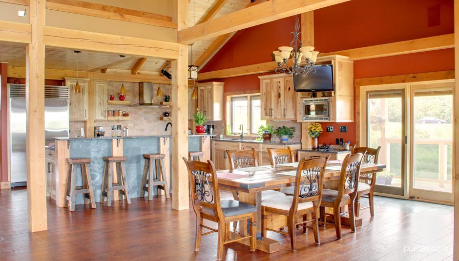 kitchen and dining area full of timber columns and accents