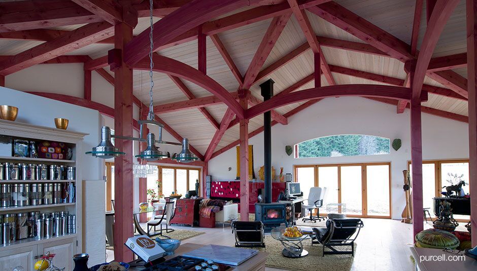 floor of a house with columns made of red timber