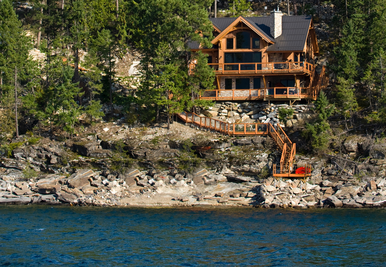 distant view of a lakeside modern house