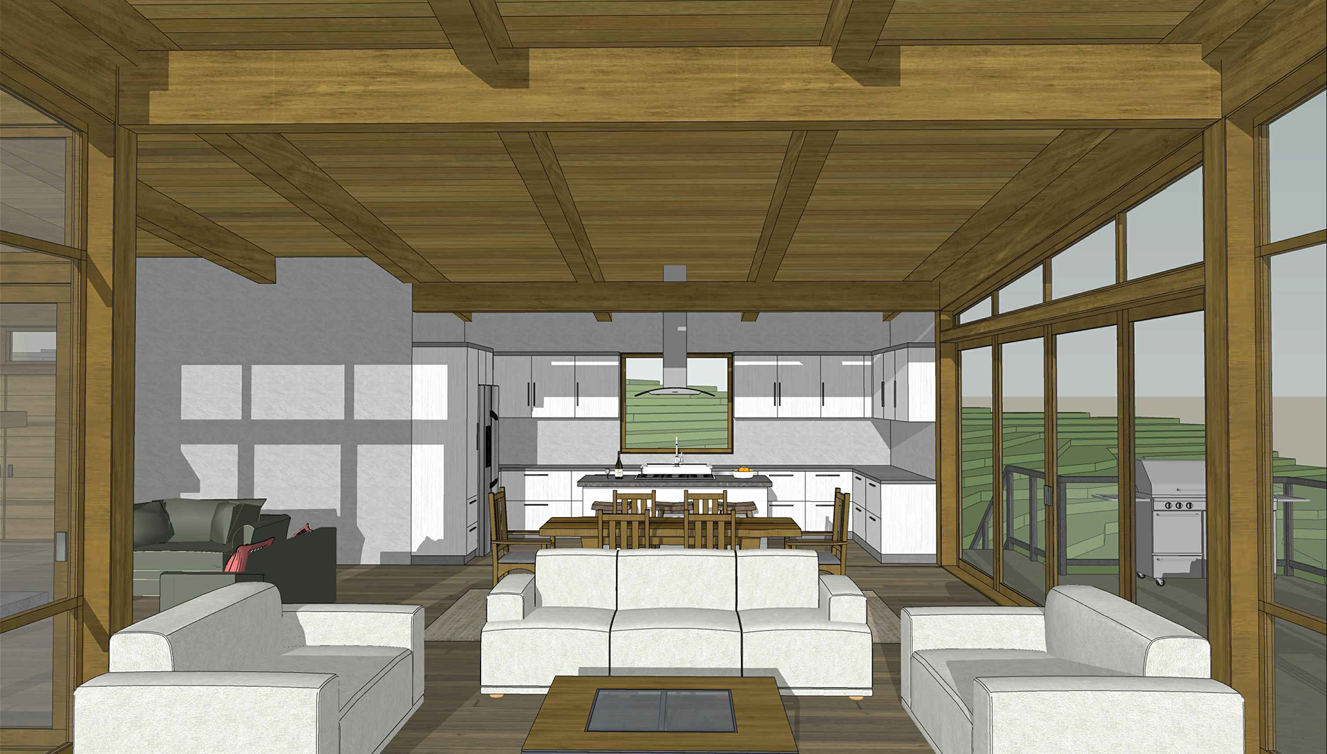 design of the living area, dining, and kitchen adjacent to each other