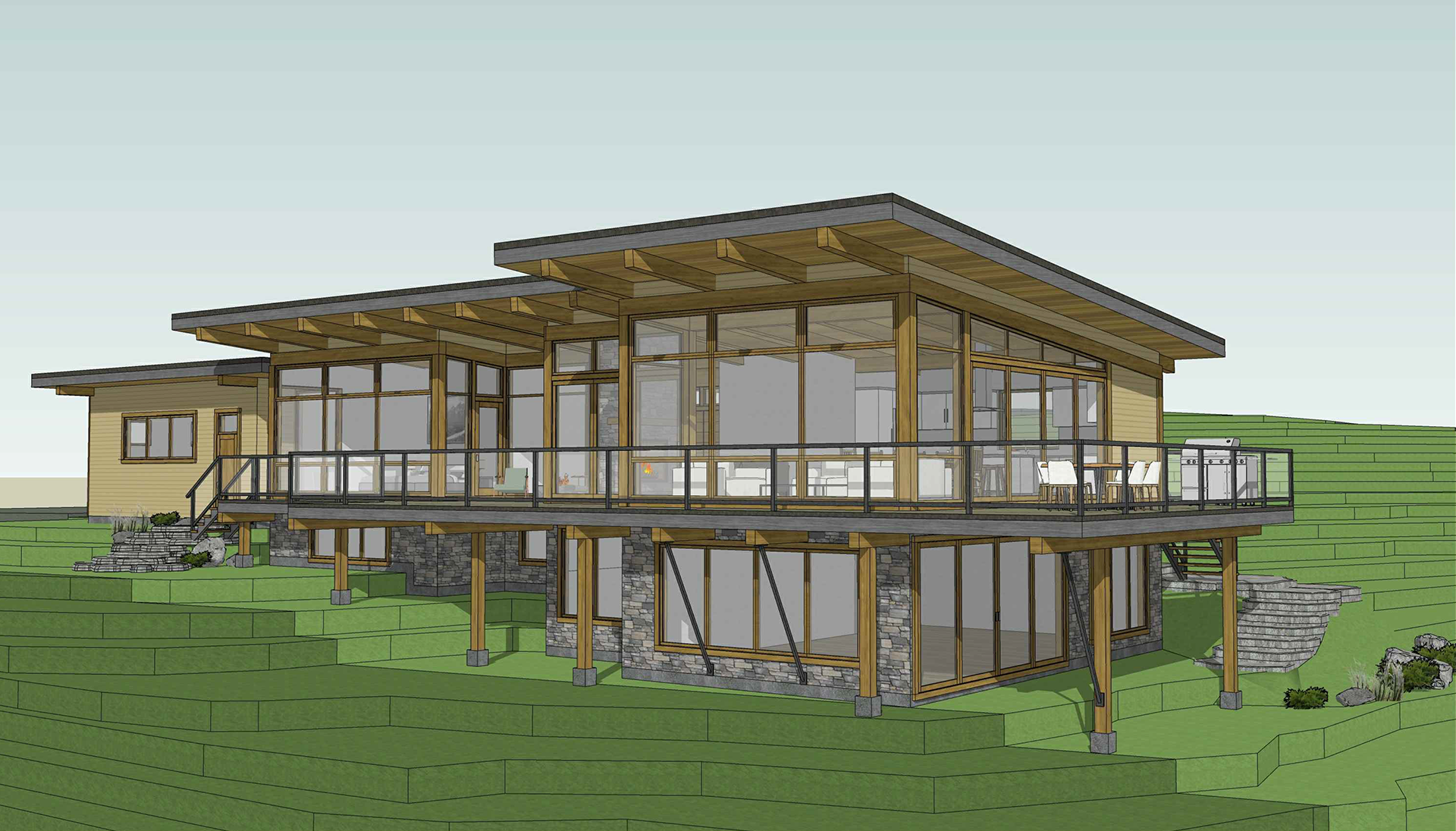 exterior design of the back corner of a BC Lake Front house