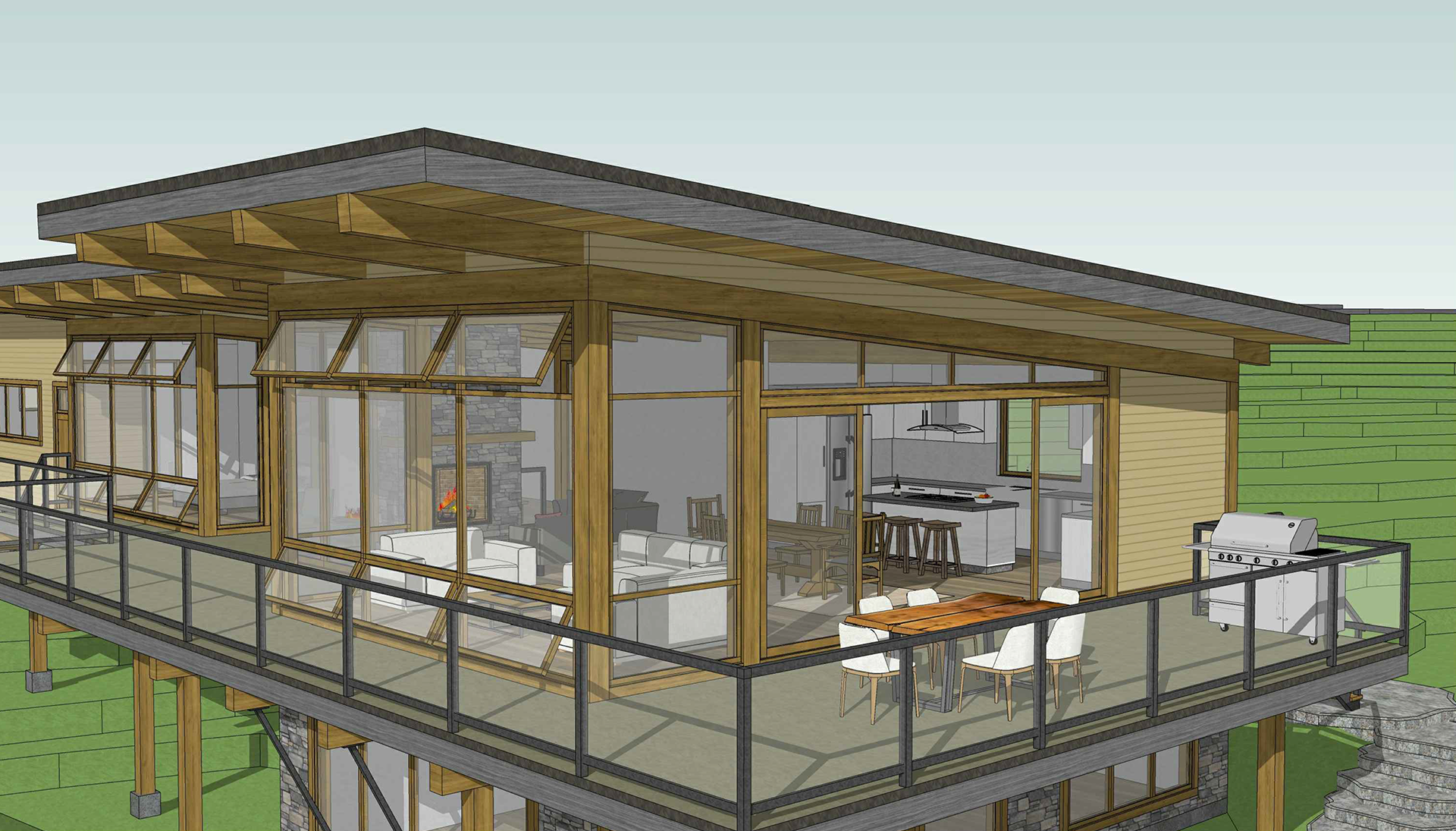 exterior second floor deck design of a BC Lake Front house