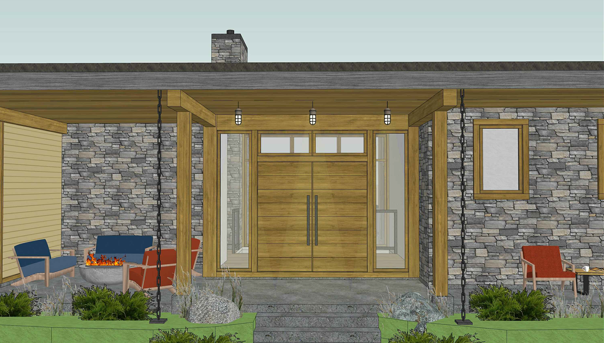exterior design of entrance door beside a veranda and a porch