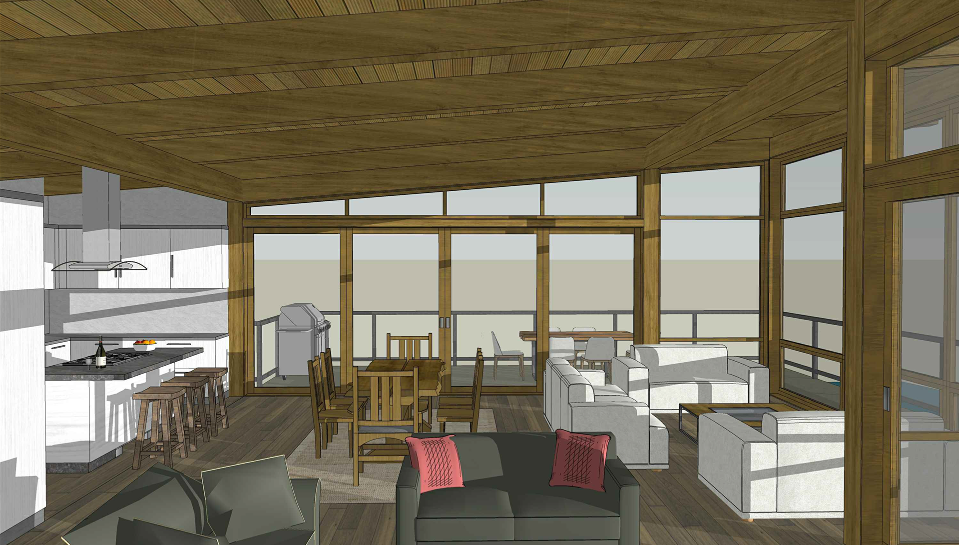 design of the living area, dining, and kitchen adjacent to each other