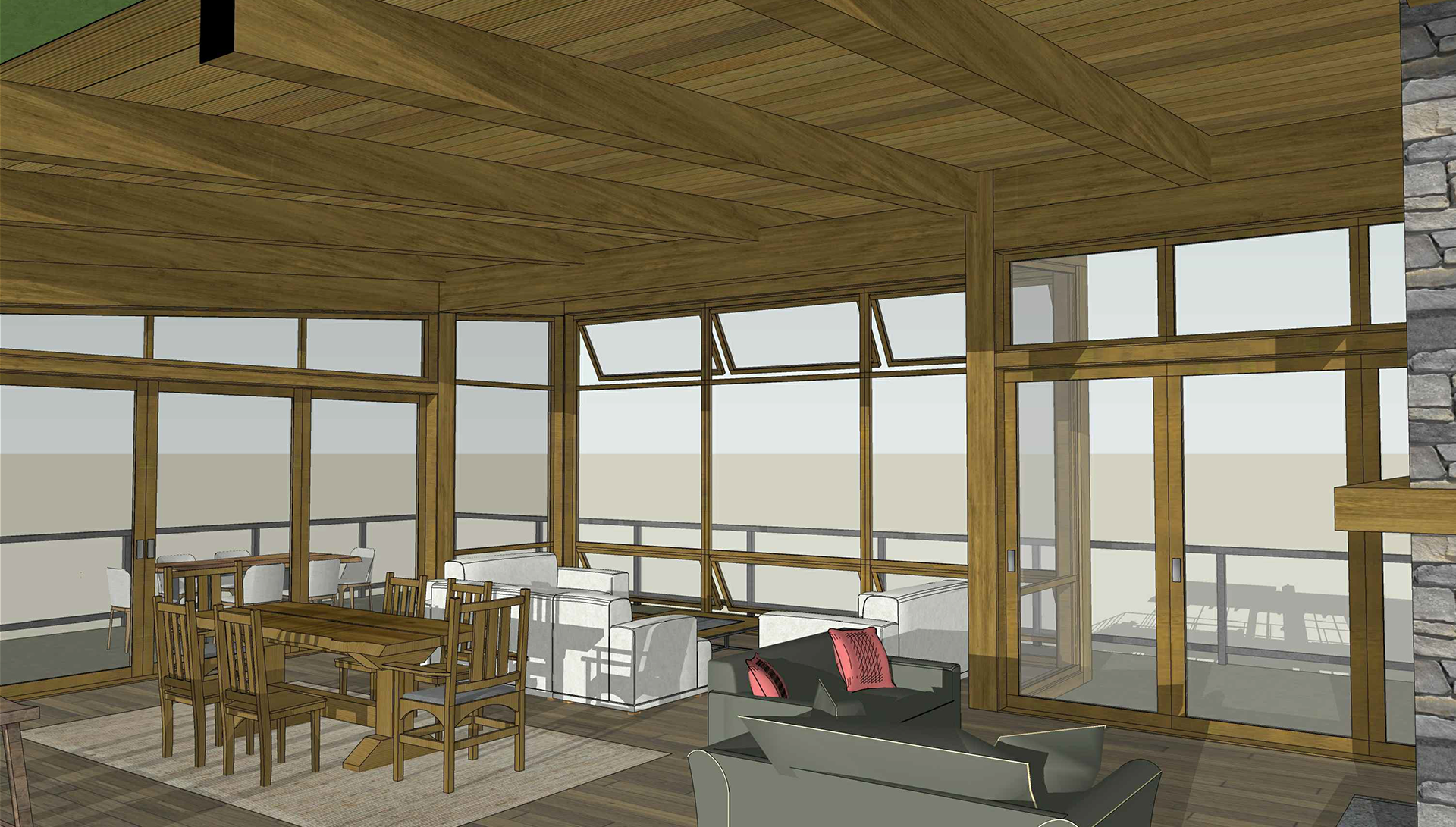 design of the living area, dining, with a view of the deck