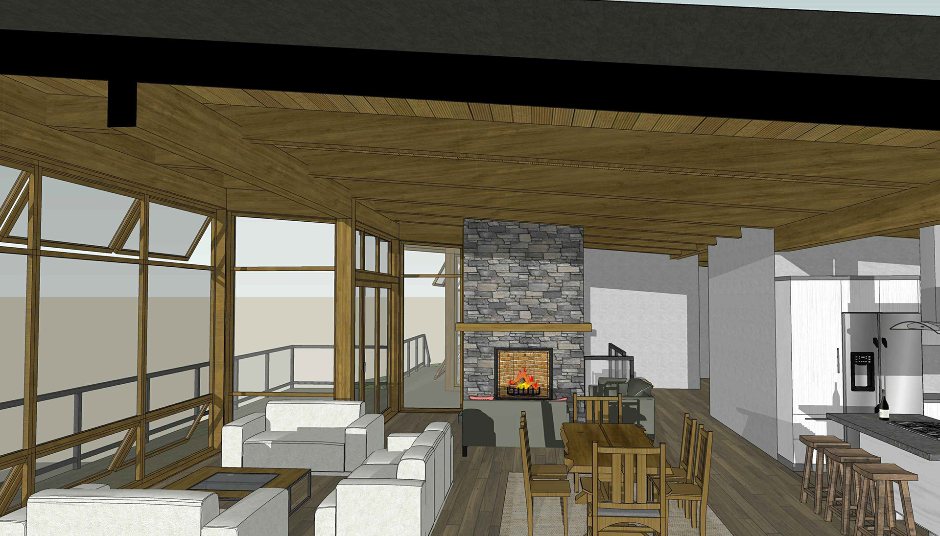 design of the living area with fireplace, dining, and kitchen adjacent to each other