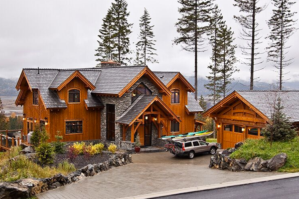 distant view of a contemporary timber-enhanced house with stone accents